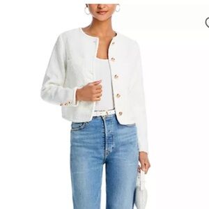 Aqua White Cropped Bouclé Blazer with Gold Buttons